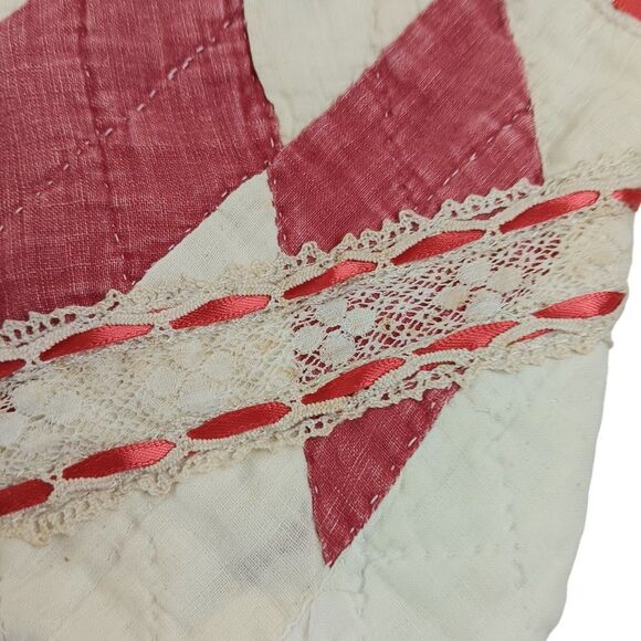 Christmas Stocking Set Vintage Quilt and Lace Two Red Cream Cottage Farmhouse - Picture 9 of 16